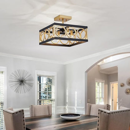 XINGQ Black and Gold Ceiling Light Fixture Modern 4-Light 13'' Semi Flush Mount Ceiling Lights for Living Dining Room Bedroom with Square Metal Shade, E12 Bulb Base