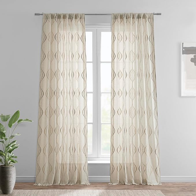 HPD Half Price Drapes Embroidered Linen Sheer Curtains for Living Room 50 X 108 (1 Panel), Rod Pocket Window Curtains for Bedroom, Suez Bronze
