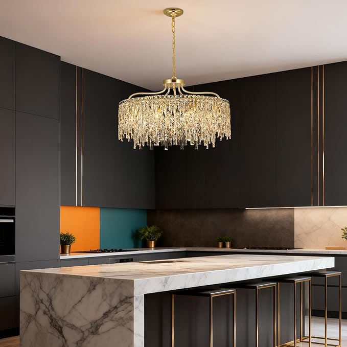 10 Lights Modern Gold Crystal Chandeliers for Dining Room Light Fixture | D28 Round Crystal Chandelier Over Table | Hanging Lighting for Living Room Kitchen Island Bedroom Bathroom