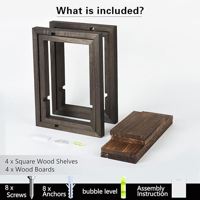 idee-home Floating Shelves for Wall, Rustic Square Hanging Floating Shelves Set of 4 Wood, Wall Decor Mounted Bathroom, Living Room, Kitchen Storage