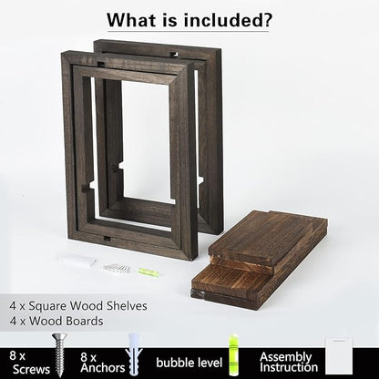 idee-home Floating Shelves for Wall, Rustic Square Hanging Floating Shelves Set of 4 Wood, Wall Decor Mounted Bathroom, Living Room, Kitchen Storage