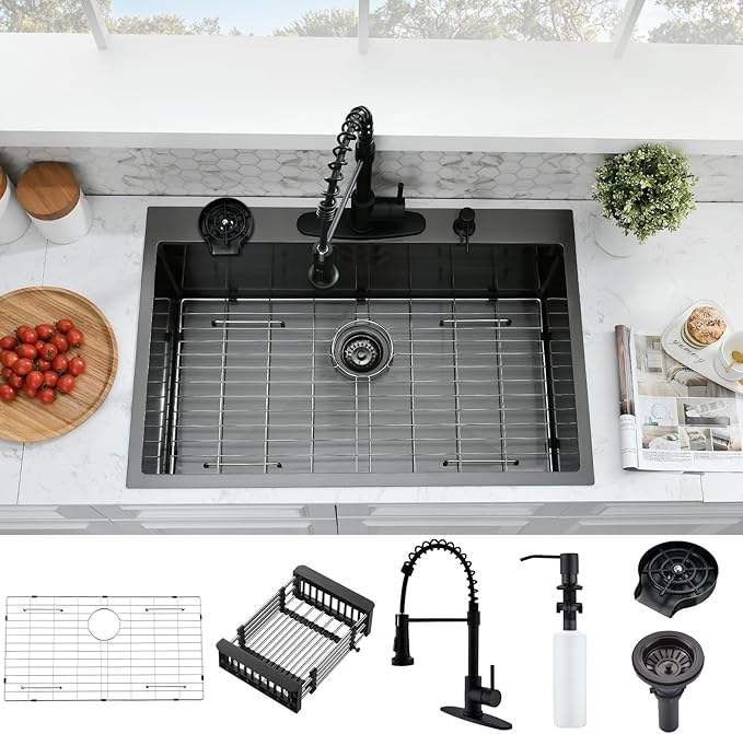 30×22 Drop In Kitchen Sink with Faucet Combo - Black Stainless Steel Drop In Sink with Cup Washer, 9 Inch Deep Single Bowl Sinks and Faucets Combo Set,Top Mount Design for Modern Kitchens