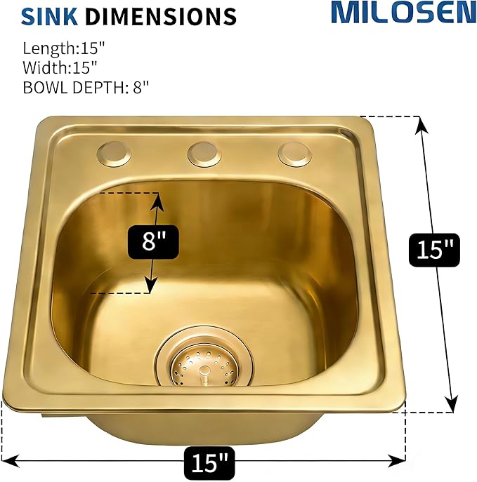 MILOSEN 15 x 15 inch Gold Drop in Bar Sink, T304 Stainless Steel Topmount RV Small Kitchen Sinks, Gold Deep Outdoor Single Bowl Wet Bar&Prep Sinks with Strainer, Brushed Nickel