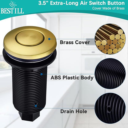 BESTILL Garbage Disposal Air Switch Kit, Brushed Brass Finish, Compatible with Kohler Vibrant Brushed Moderne Brass Faucets, Sink Top On/Off Long Push Button for Waste Disposer, UL Listed