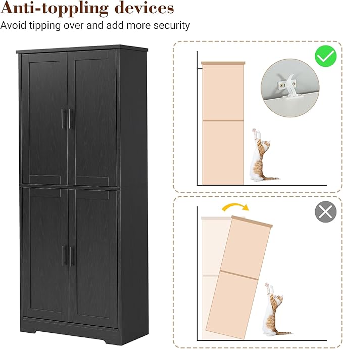 GarveeHome 70 in Tall Kitchen Pantry Cabinet, Freestanding Storage Cabinet with 4 Doors and Adjustable Shelves, Utility Cupboard for Dining Room, Living Room, Bathroom, Black