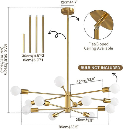 KAISITE Modern Sputnik Chandelier Ceiling Light Fixture 12-Light Gold Chandelier for Dining Room Over Table Height Adjustable Mid Century Industrial Chandelier for Kithchen Living Room Entryway