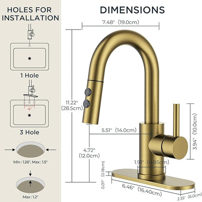 FORIOUS Brushed Gold Bathroom Faucets for Sink 3 or 1 Hole with Pull Down Sprayer, Single Handle Gold Faucets for Bathroom Vanity with Pop Up Drain, Suitable for Bath, RV, Laundry & Utility Sink