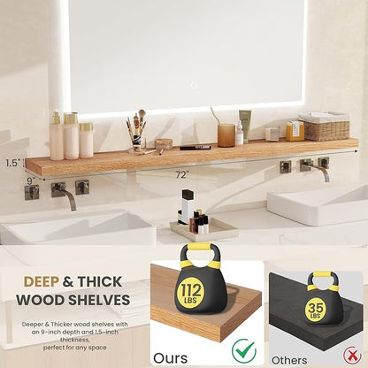 RICHFOCUS Floating Shelves for Wall 72 Inch Solid USA-Sourced Oak Wooden Shelves for Bathroom Kitchen 9" Deep Modern Wood Shelf with Heavy-Duty Bracket for Wall Mounted, Natural Finish