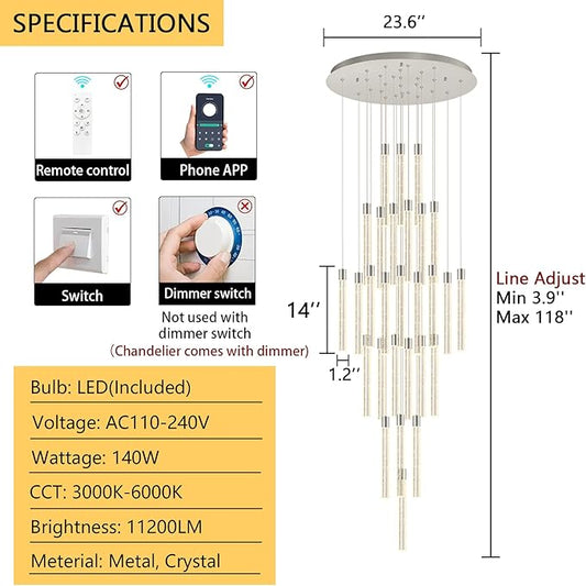 28-Light Long Large Modern Led Crystal Chandeliers Modern Spiral Chandeliers High Ceilings Chandelier for Staircase Foyer Chrome