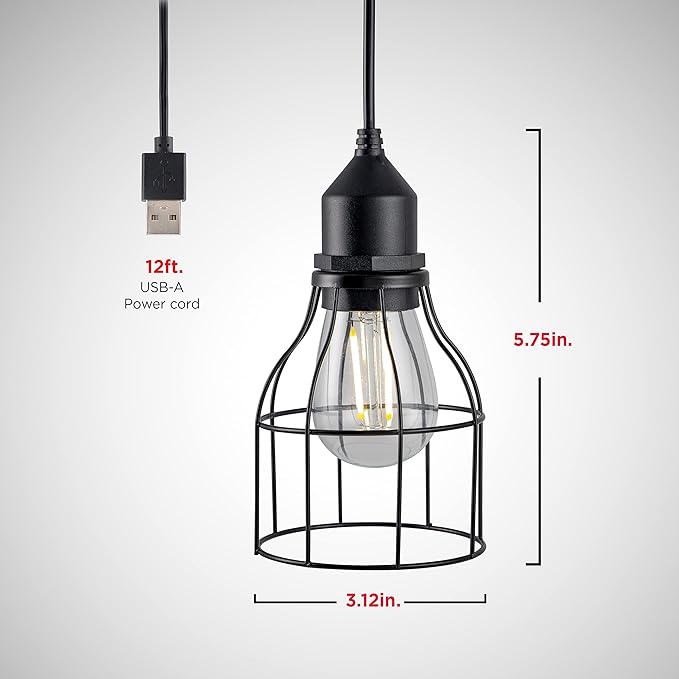 UltraPro USB LED Pendant Light with Cage, Hanging Light Fixture, Lightweight, Vintage Farmhouse Style, Camping, Garage, Shed, Storm Shelter and More, 61747