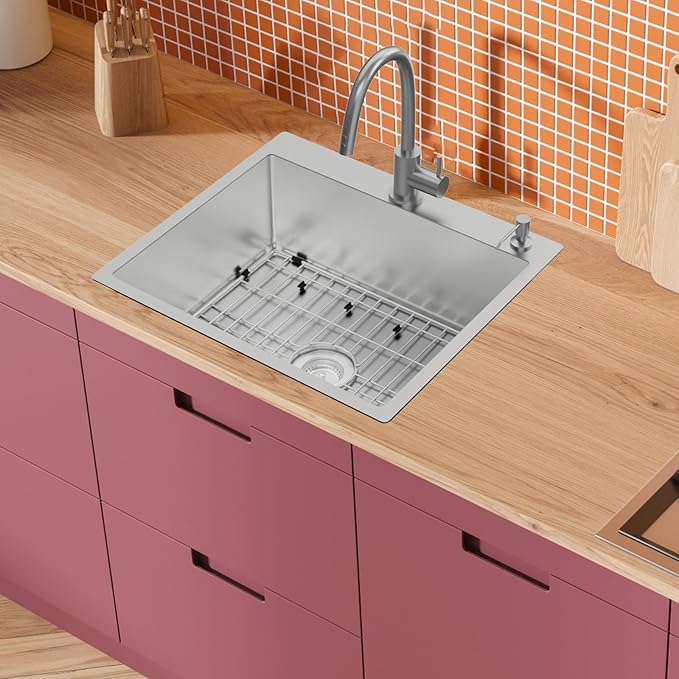 25x22 Inch Stainless Steel Kitchen Sink - Drop In Single Bowl Topmount Kitchen Sink Come With Bottom Grid, Silicon Mat And Drain Assembly Set Stylish and Modern Look Add Elegance & Enhance Usability