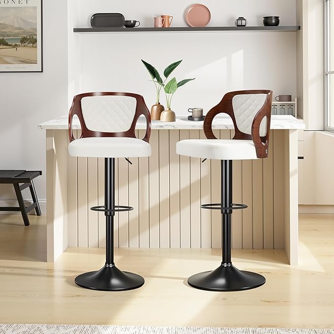 VECELO Swivel Bar Stools Set of 2, Adjustable Counter Height Stools with Bentwood Back, Armrest, Footrest & PU Leather Seat, Modern Bar Chairs for Kitchen Island, Black, Pearl White