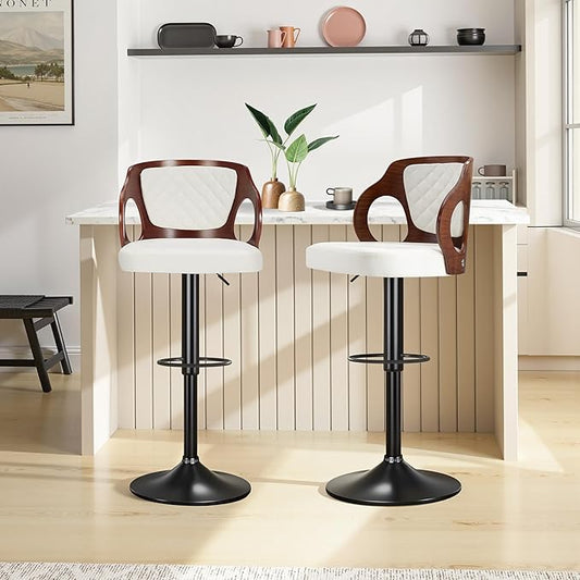 VECELO Swivel Bar Stools Set of 2, Adjustable Counter Height Stools with Bentwood Back, Armrest, Footrest & PU Leather Seat, Modern Bar Chairs for Kitchen Island, Black, Pearl White