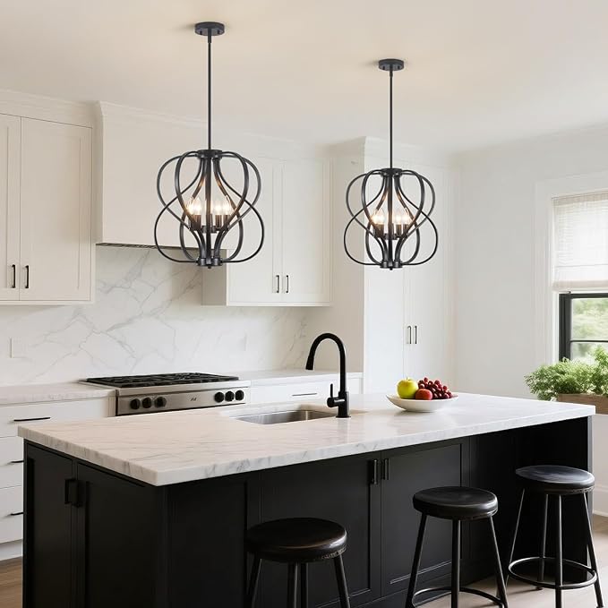 18.5 inch Modern Farmhouse Chandelier for Dining Room, 5-Light Black Chandelier with Metal Cage Adjustable Industrial Drum Hanging Pendant Lights for Kitchen Island Entryway Hallway Bedroom Foyer