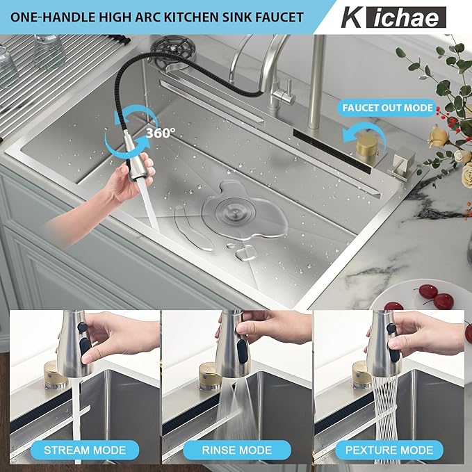 Kichae Waterfall Kitchen Sink Drop In - Kitchen Sink 33x19 Drop In Waterfall with Hot & Cold Water Stainless Steel 16 Gauge Handmade Single Bowl Workstation Sinks with Glass Rinser & Faucet Combo