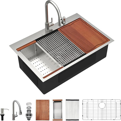 Dcolora 36 In. Drop In Kitchen Sink With Faucet Large Topmount Sink Workstation Stainless Steel Overmount Basin s Single Bowl 36"×22"×10", DC-SFDOE00014