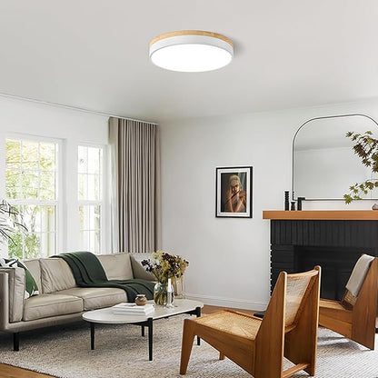 Modern Dimmable Wood Ceiling Light, White Round LED Flush Mount Ceiling Lighting Fixtures, Minimalist Ceiling Lamp for Kitchen Bedroom Laundry Room Living Room Entryway Hallway&15.74 in