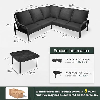 4-Piece Aluminum Outdoor Furniture Set with Coffee Table – 2-Seat Sofa with Cushions, All-Weather Metal Frame, Perfect for Patio, Garden, and Balcony,Beige (Grey, Corner Sofa Set)
