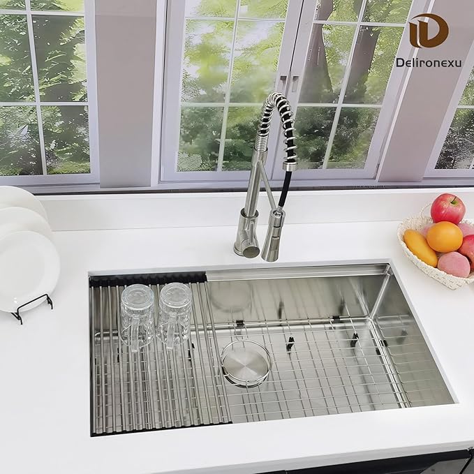 32x19 Undermount Kitchen Sink, Delironexu 32 Inch Kitchen Sink Workstation, 16 Gauge 304 Stainless Steel Undermount Kitchen Sink Single Bowl with Accessories