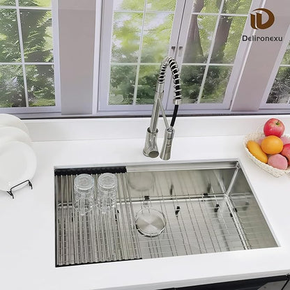 32x19 Undermount Kitchen Sink, Delironexu 32 Inch Kitchen Sink Workstation, 16 Gauge 304 Stainless Steel Undermount Kitchen Sink Single Bowl with Accessories