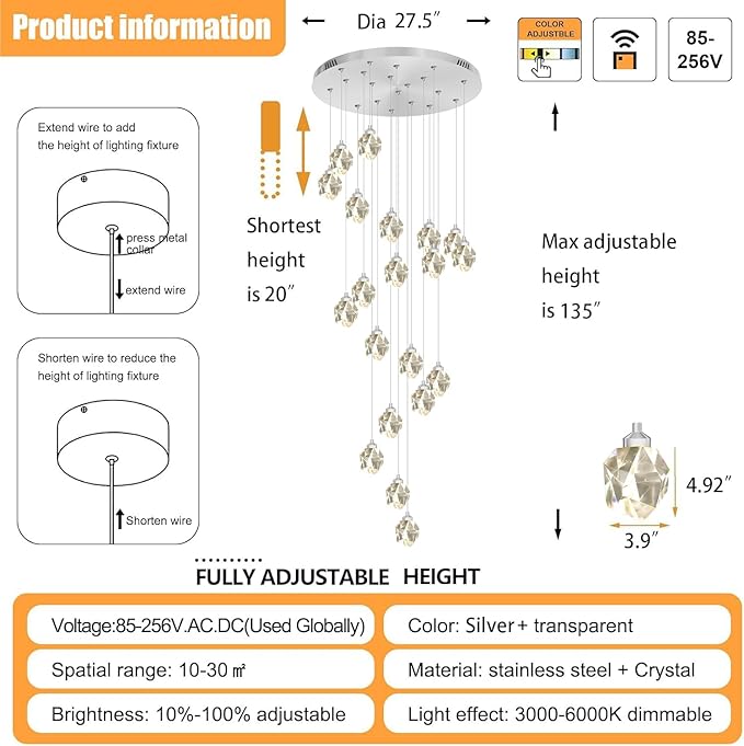 20-Light Modern Crystal Chandeliers for Staircase Foyer High Ceilings Chandeliers Long Spiral Crystal Chandeliers,K9 Crystal Drop Chandelier D28XH135inch