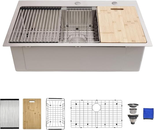 33x19 Drop In Kitchen Sink - Delironexu 16 Gauge Stainless Steel Sinks, 33 Inch Drop In Kitchen Sink Single Bowl, Top Mount Workstation Sinks with 6 Accessories Package
