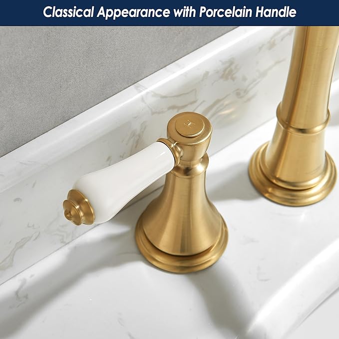 Porcelain Brushed Gold Bathroom Faucet 8 inch Widespread for 3 Holes with Plastic Pop-Up Drain & 2Pcs Water Supply Lines, Classical 2-Handle Gold Vanity Sink Faucets, 360° Swivel Brass Spout