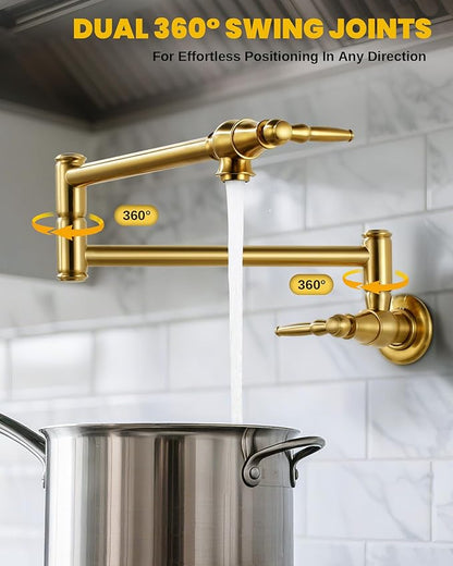 Pot Filler Faucet Brushed Gold: Solid Brass Wall Mount Heavy Duty Stove Pot Filler with Double Joint Swing Arms - Single Hole Commercial Folding Stretchable Faucet 2 Handles for Kitchen Restaurant