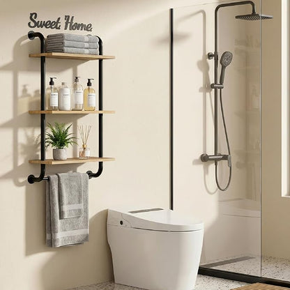 Tinpin Bathroom Shelves Wall Mounted, 3-Tier Rustic Wood Wall Shelf, 17.3 inch Industrial Pipe Floating Shelf for Bathroom,Kitchen,Bedroom,Living Room,Brown