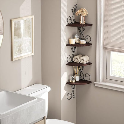 Alsonerbay Corner Shelf Wall Mount, 4 Tier Floating Shelves for Wall, Easy-to-Assemble Wall Shelves Rustic Wood Decor for Bedroom Living Room Bathroom Kitchen Office, Walnut Finish