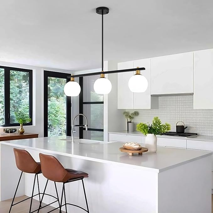 Island Lights for Kitchen Black and Gold Chandelier 3-Light Mid Century Modern Dining Room Light Fixtures Over Table with Opal Glass Shades Hanging Linear Pendant Lighting for Kitchen Island Foyer Bar