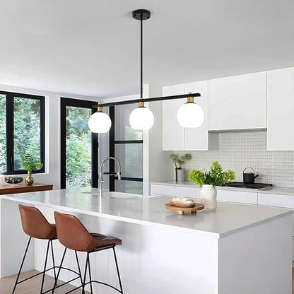 Island Lights for Kitchen Black and Gold Chandelier 3-Light Mid Century Modern Dining Room Light Fixtures Over Table with Opal Glass Shades Hanging Linear Pendant Lighting for Kitchen Island Foyer Bar