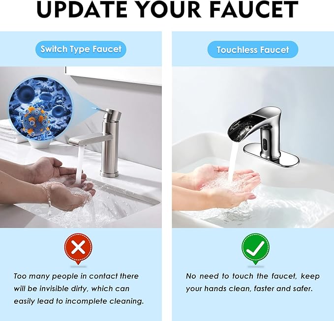 Automatic Sensor Touchless Waterfall Bathroom Sink Faucet, Modern Electronic Sensor Lavatory Faucet, Chrome Hands Free Vanity Faucets with Control Box and Temperature Mixer