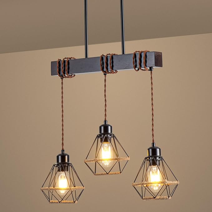3 Light Kitchen Island Lighting, Farmhouse Chandeliers for Dining Room Light Fixtures Over Table, Modern Wood Pendant Lights Kitchen Island with Metal Lampshade