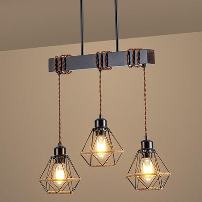3 Light Kitchen Island Lighting, Farmhouse Chandeliers for Dining Room Light Fixtures Over Table, Modern Wood Pendant Lights Kitchen Island with Metal Lampshade