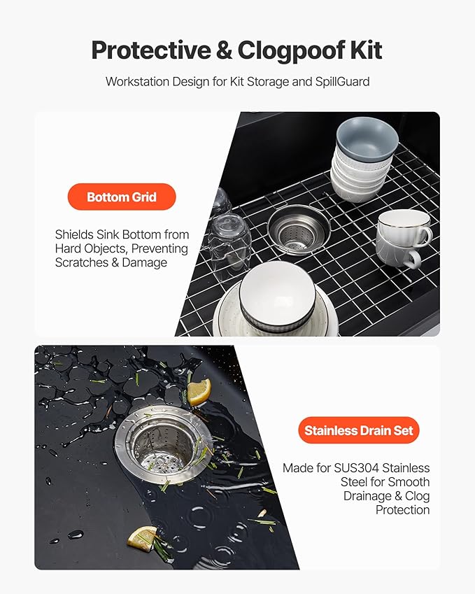 VEVOR 33 inch Kitchen Sink Workstation, Top Mount Granite Sinks, Drop-In Single Bowl Farmhouse Basin with Multiple Accessories, Household Dishwasher Sinks (22"D x 33"W x 9"H)