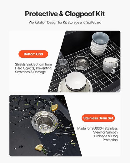 VEVOR 33 inch Kitchen Sink Workstation, Top Mount Granite Sinks, Drop-In Single Bowl Farmhouse Basin with Multiple Accessories, Household Dishwasher Sinks (22"D x 33"W x 9"H)