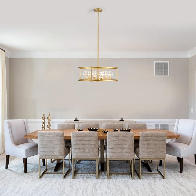 21.7" Round Gold Chandelier Ceiling 6-Light Modern Pendant Lighting Fixture Adjustable Height Chandeliers with Glass Lampshade for Bedroom Dining Room Kitchen Foyer