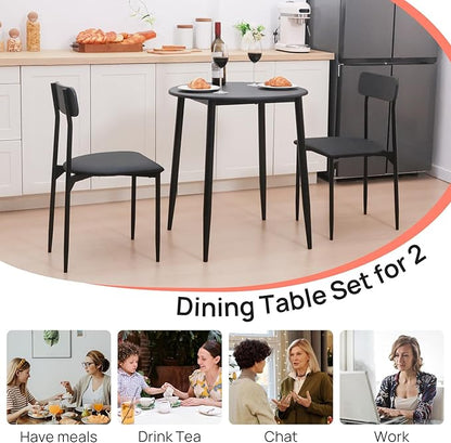 walsport Round Dining Table Set for 2, 3-Piece Wood Tabletop Samill Kitchen Table and Chairs with Strong Metal Frame, Modern Dinette with Chairs for Small Spaces Living Room (Black)