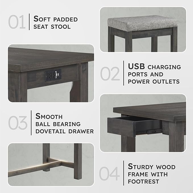 Lexicon Oreille Bar Table with Stools Set, Modern Console Table with Stools - 4-Piece Set with 2 USB Ports & A/C Power Outlets, Counter Height, Discrete Drawer, Perfect Dining Room & Kitchen Gray