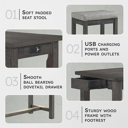 Lexicon Oreille Bar Table with Stools Set, Modern Console Table with Stools - 4-Piece Set with 2 USB Ports & A/C Power Outlets, Counter Height, Discrete Drawer, Perfect Dining Room & Kitchen Gray