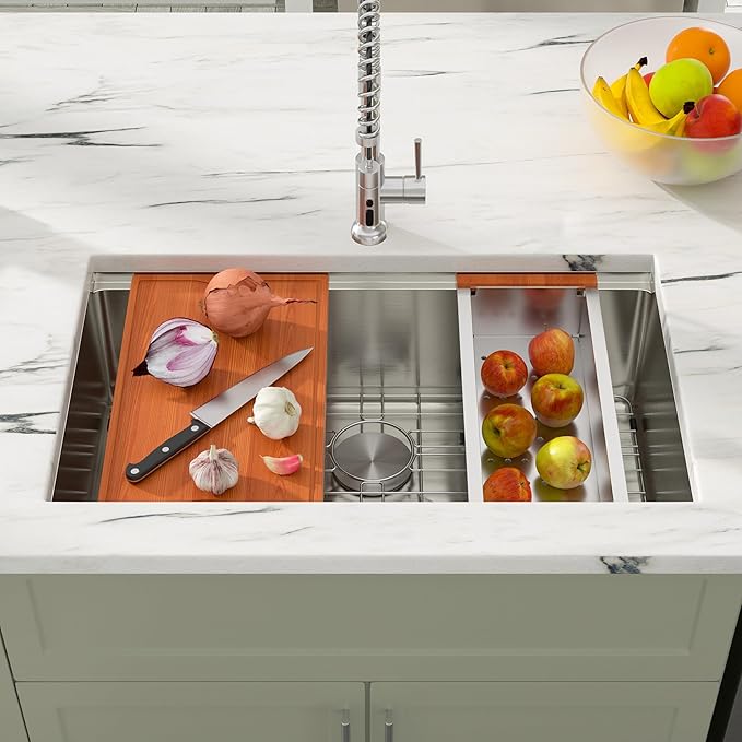 Dcolora 33 in. Undermount Single Bowl Workstation Stainless Steel Kitchen Sink 16 Gauge 304 Handmade Welding with Accessories, Round Corner 33"x19"x10" #DC-U7701