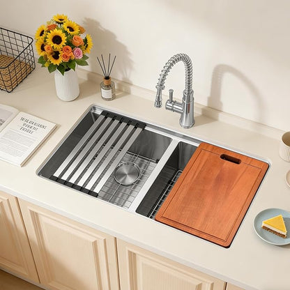 MILOSEN 32''x18'' Double Bowl Undermount Kitchen Sink, T304 Stainless Steel 50/50 Workstation Sink with 10'' Deep Basins & Custom Accessories, Large Handmade Sinks, Modern & Stylish Design