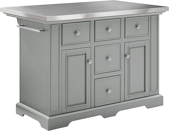 Crosley Furniture Julia Stainless Steel Top Kitchen Island with Storage Drawers, Shelves, and Spice Rack, Gray