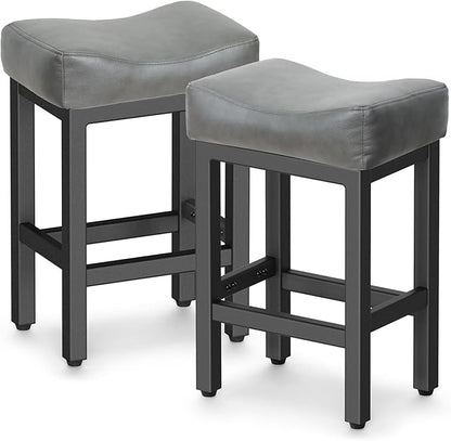 Raynesys Counter Height Bar Stools Set of 2, 24 Inch Barstools for Kitchen Island Counter, Bonded Leather Kitchen Stools with Thick Saddle Seats & Heavy Duty Metal Base, Easy Assembly, Gray/Black