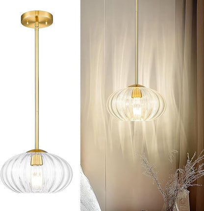FEMILA Pendant Light for Kitchen Island, 10.3" Brushed Gold Pendant Lighting, Dome Glass Pendant Light Vintage Light Fixtures for Bedroom Hotel Dining Room, 4FYD85MIL BG