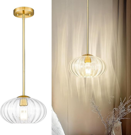 FEMILA Pendant Light for Kitchen Island, 10.3" Brushed Gold Pendant Lighting, Dome Glass Pendant Light Vintage Light Fixtures for Bedroom Hotel Dining Room, 4FYD85MIL BG