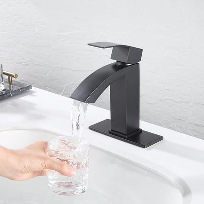 Black Bathroom Faucet, Stainless Steel Bathroom Sink Faucet Single Hole, Lead-Free Vanity Faucet for Bathroom with cUPC Supply Hose and Pop Up Stopper JU-BS100-BK