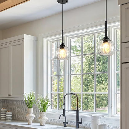 JHLBYL Glass Pendant Lights Kitchen Island: 5.91'' 1-Light Hammered Glass Pendant Light with Black Finish - Modern Minimalist Hanging Light Fixture for Kitchen Sink Dining Room - E26 Base