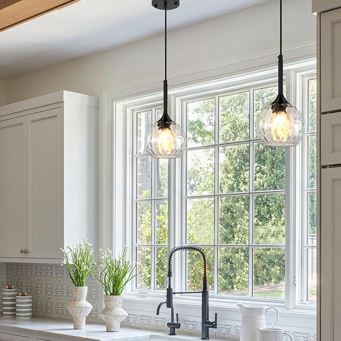 JHLBYL Glass Pendant Lights Kitchen Island: 5.91'' 2-Pack 1-Light Hammered Glass Pendant Light with Black Finish - Modern Minimalist Hanging Light Fixture for Kitchen Sink Dining Room - E26 Base